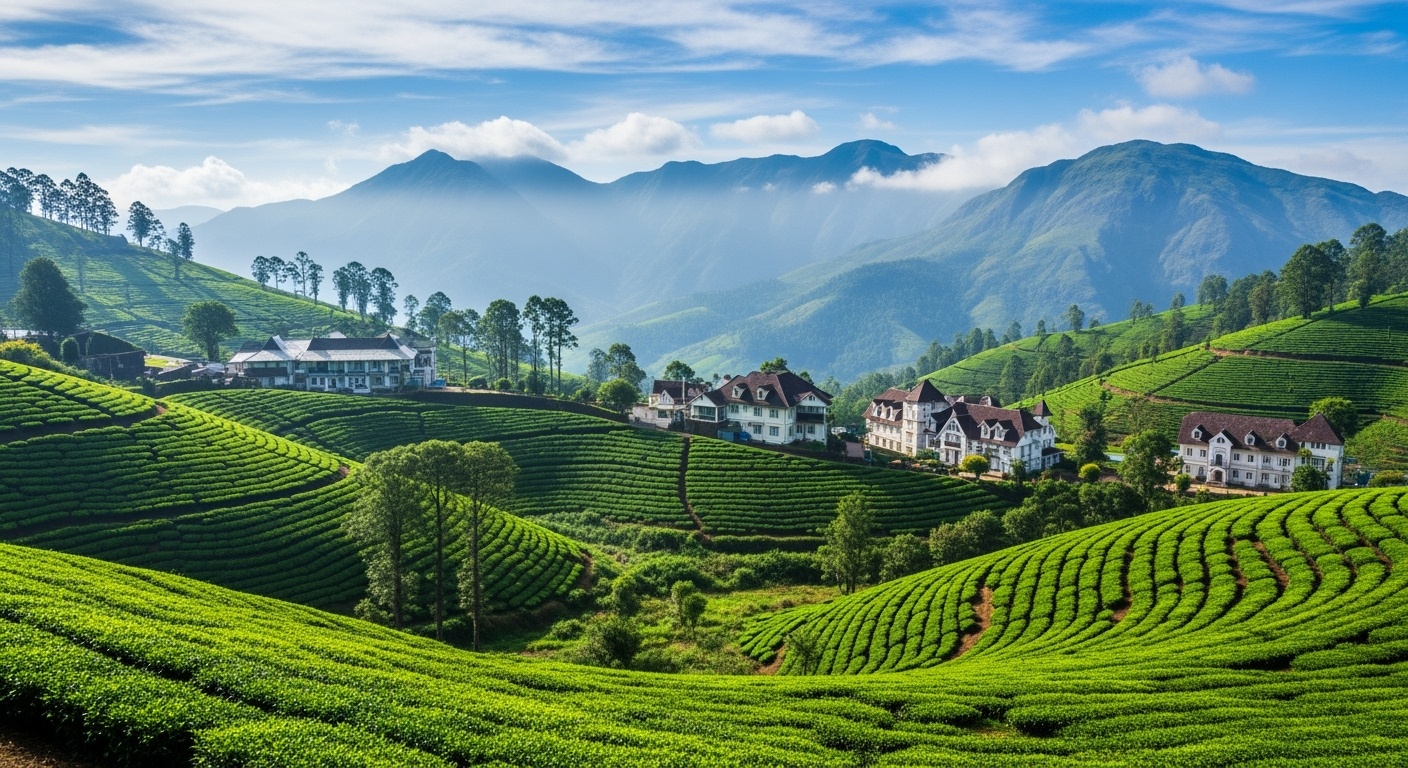 Panoramic view of Coonoor hill station with tea gardens and misty mountains