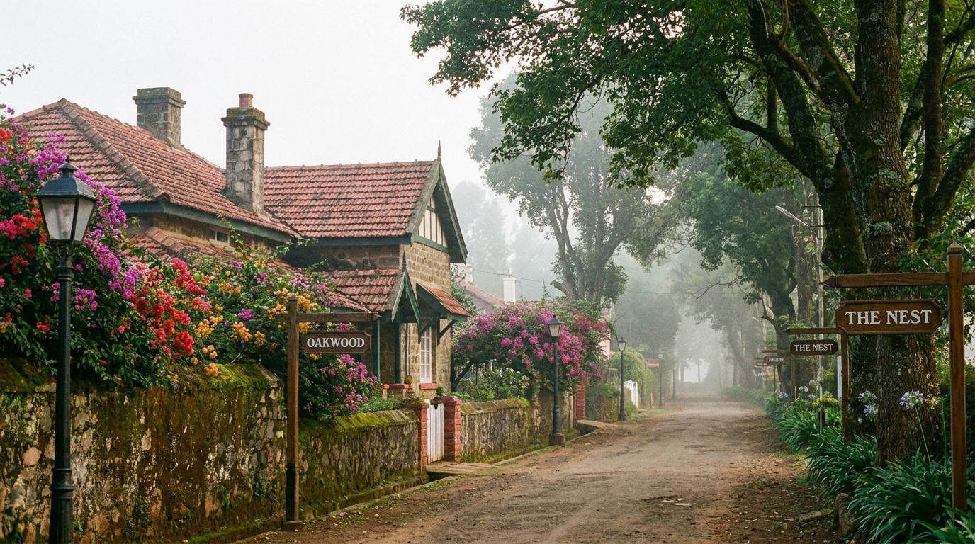 Colonial-era bungalows and a tree-lined lane in Coonoor, the British hill station