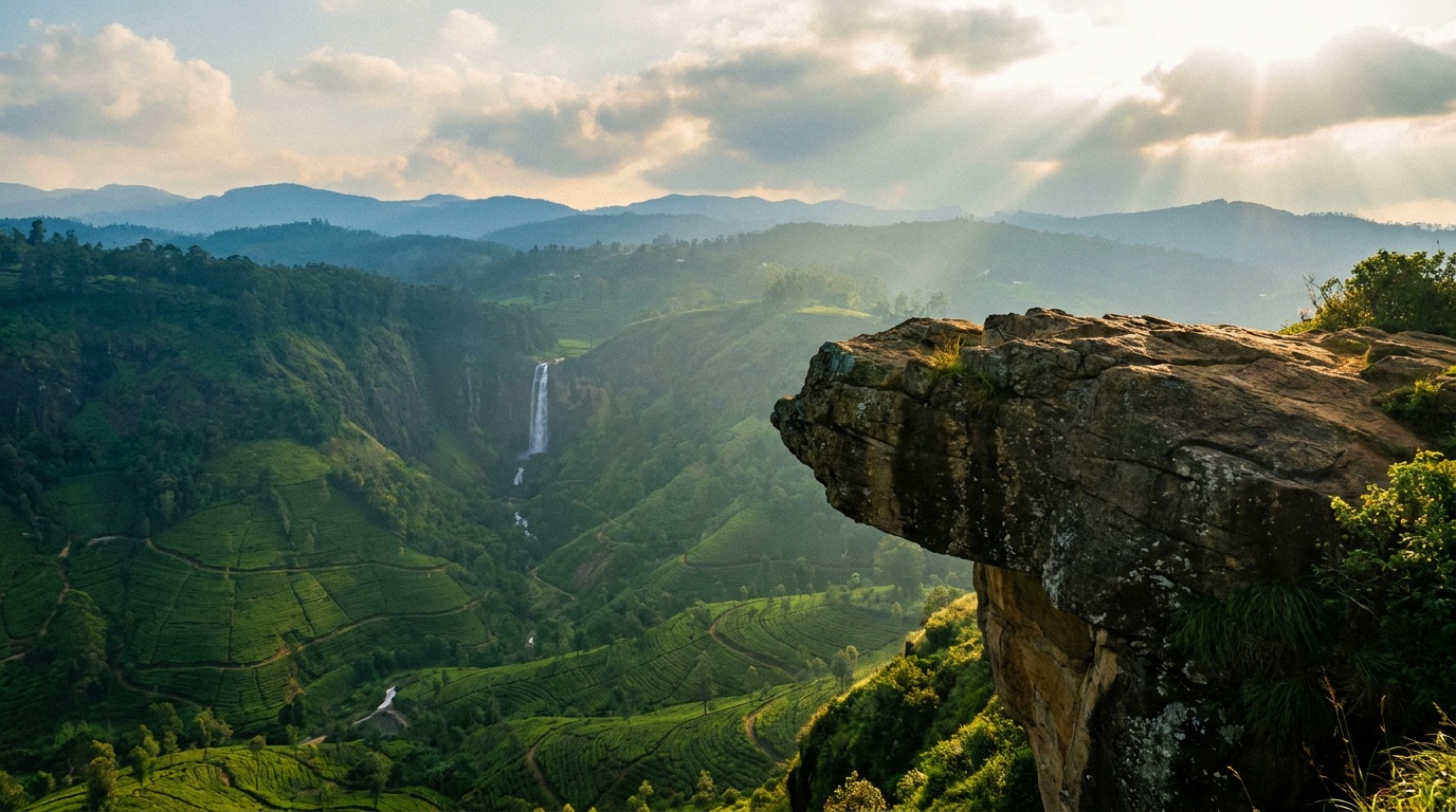 Dolphin's Nose rock promontory overlooking a deep green valley near Coonoor