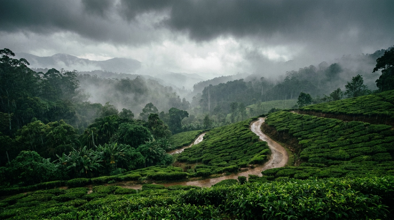 Lush green tea gardens and misty valleys in the Nilgiris during the monsoon