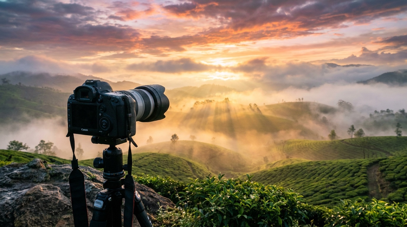 Photographer's camera on a tripod overlooking a misty tea valley at sunrise