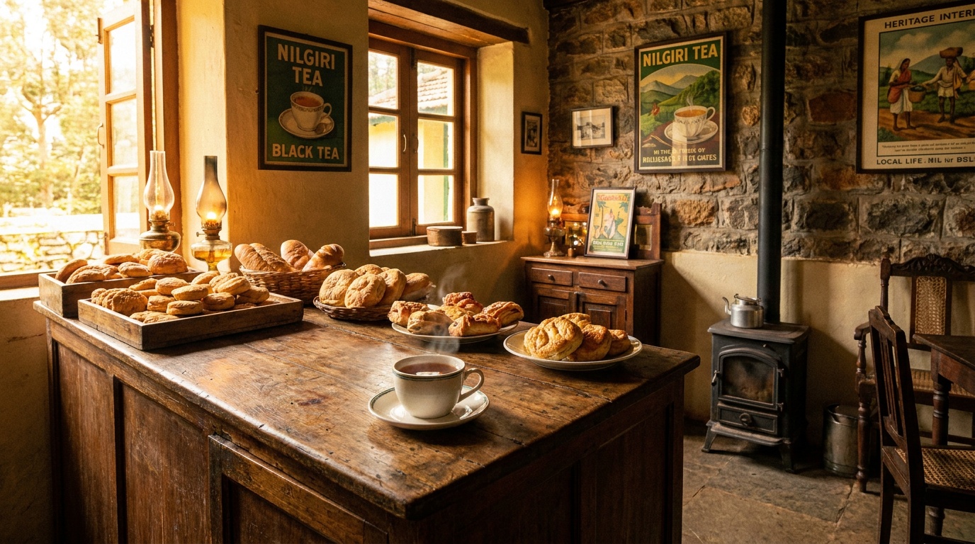 Cozy South Indian bakery and tea café with fresh biscuits and a steaming cup of Nilgiri tea
