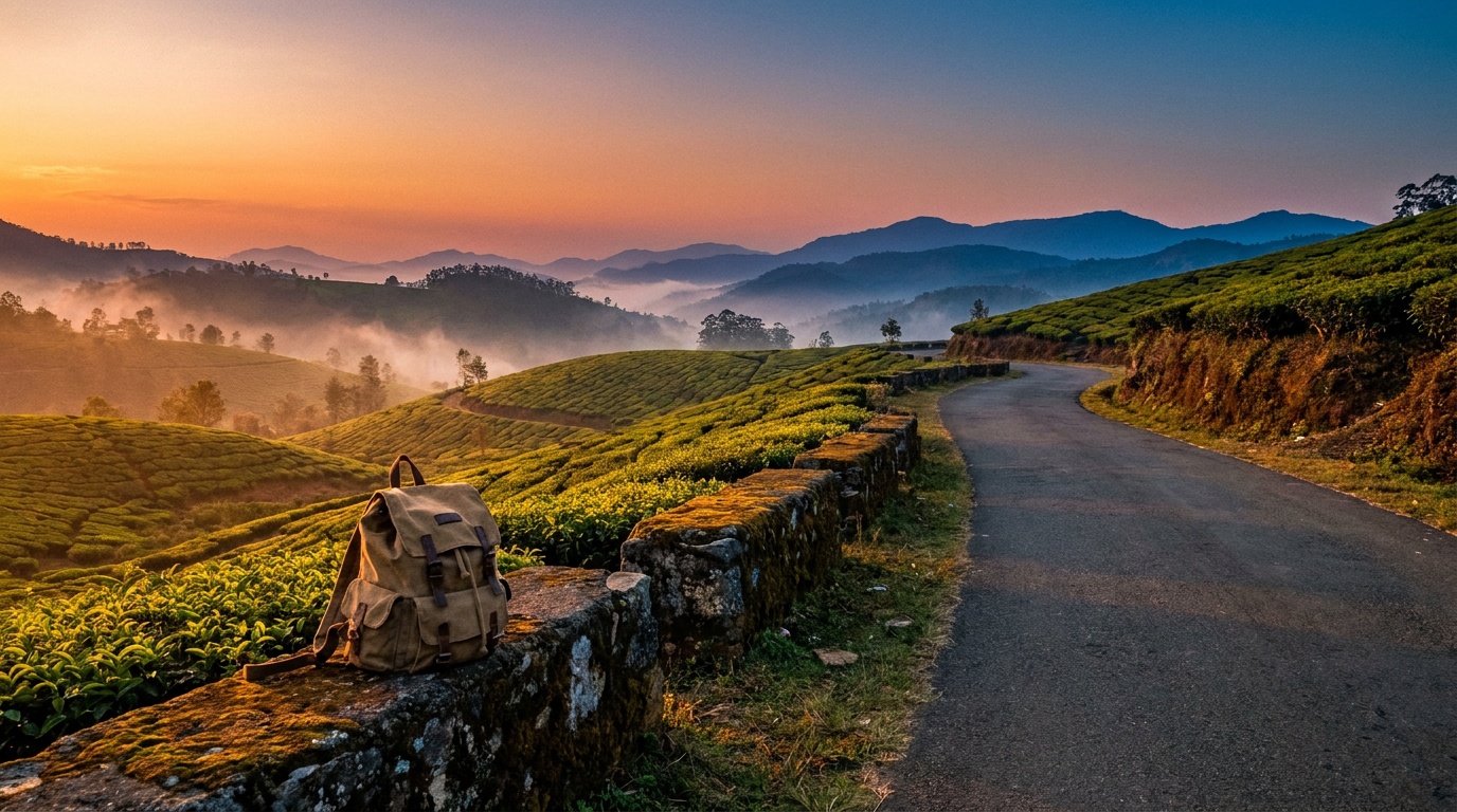 Scenic winding mountain road through tea gardens in the Nilgiris at golden hour