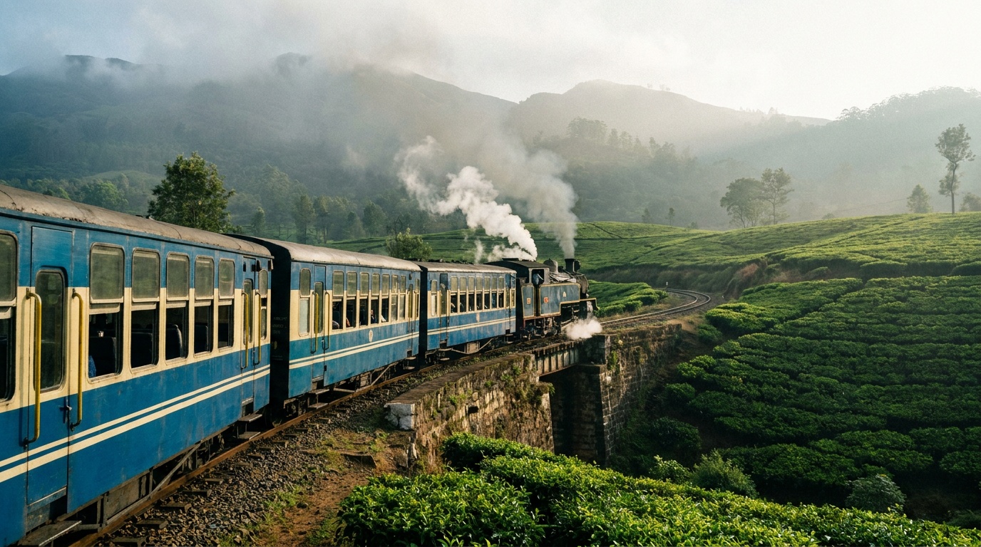 Blue Nilgiri Mountain Railway toy train climbing through tea plantations near Coonoor