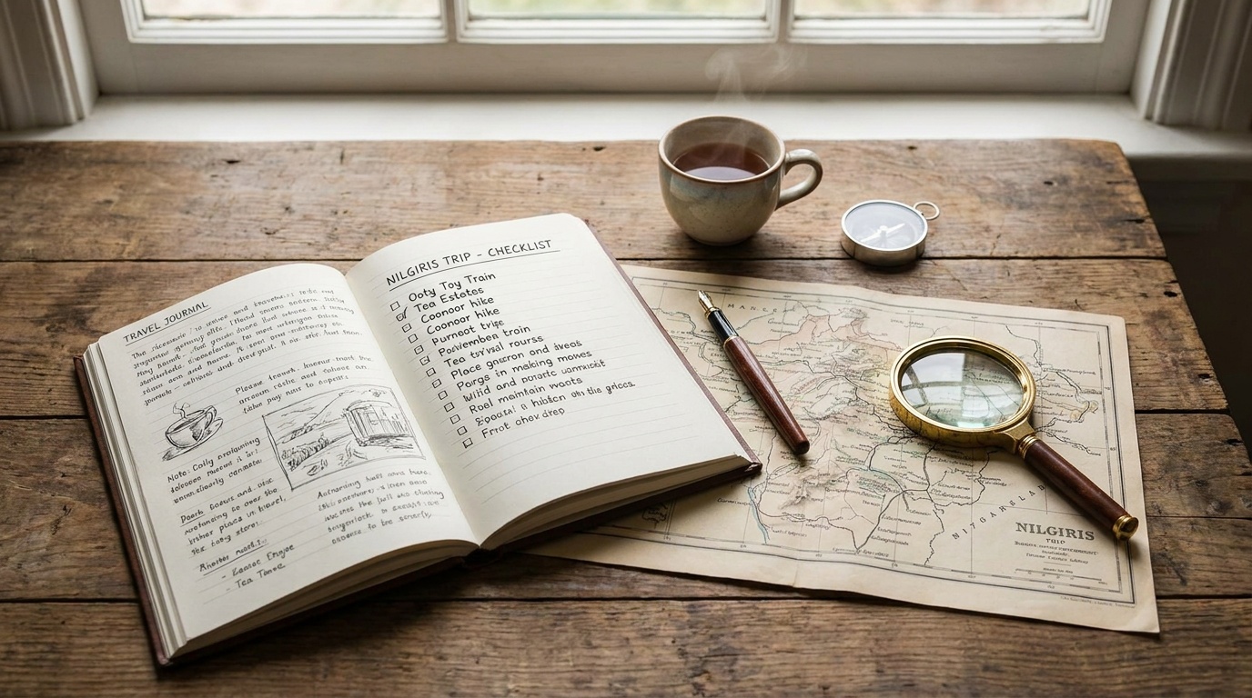 Open travel journal and map of the Nilgiris on a rustic wooden desk