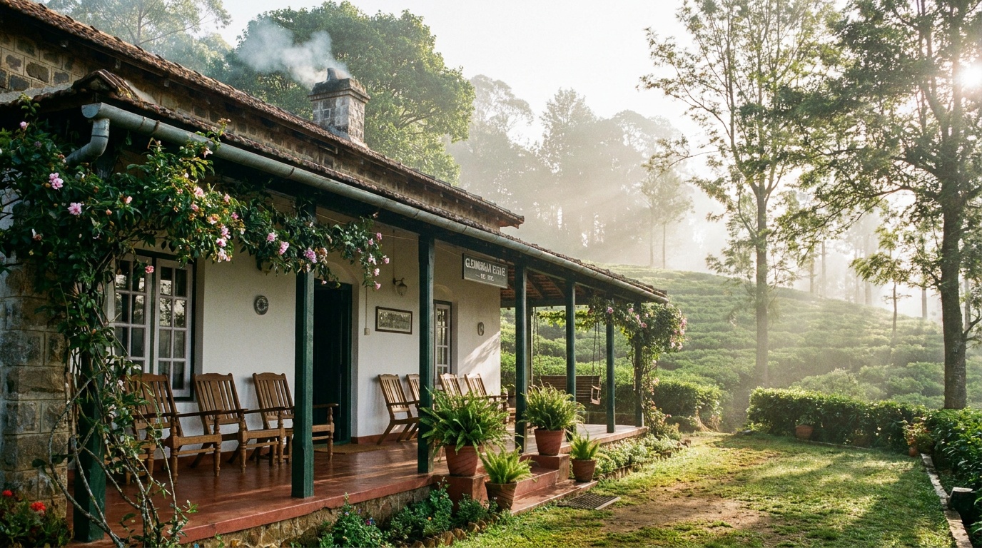 Boutique colonial tea-estate bungalow with a veranda surrounded by tea gardens in Coonoor
