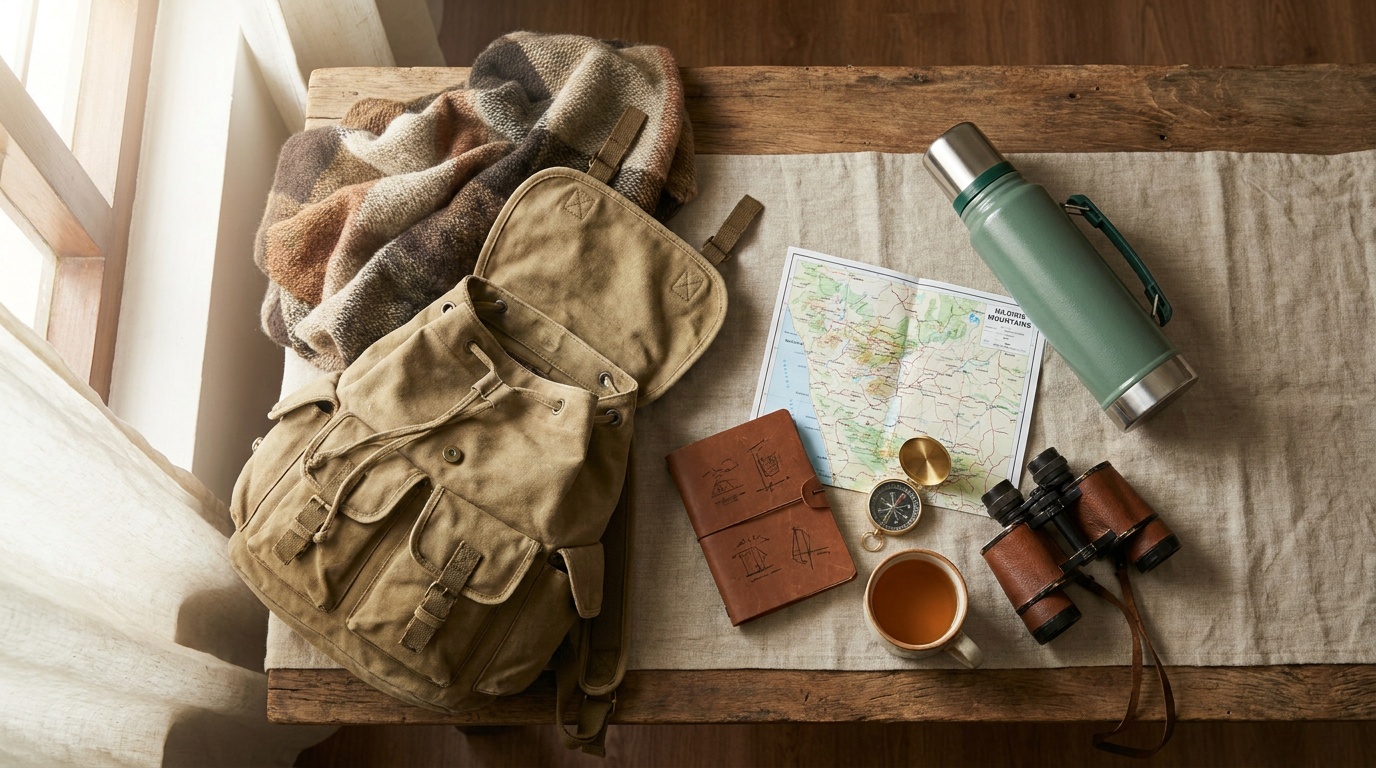 Traveler's flat lay with backpack, woolen shawl, map, thermos and tea on a wooden table