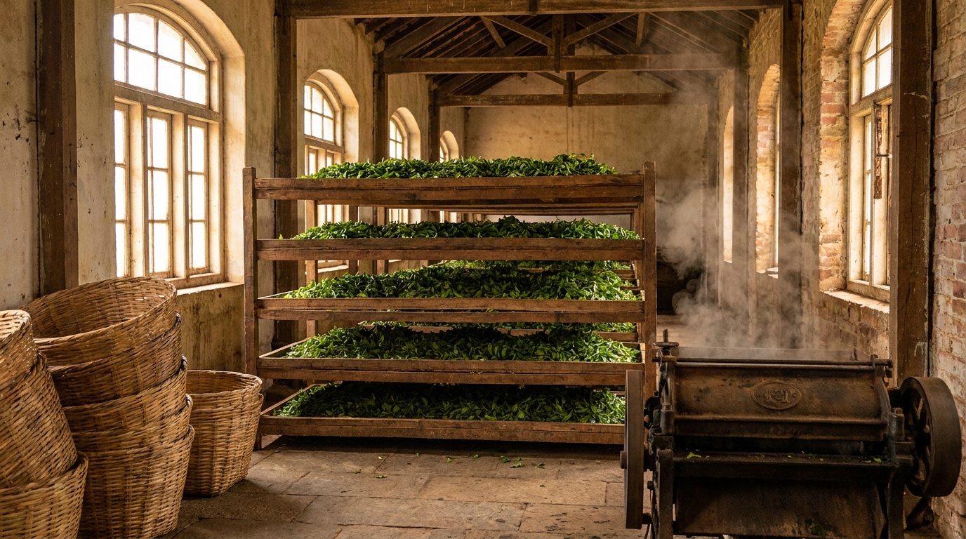 Inside a Nilgiri tea factory with fresh leaves, baskets and processing machinery