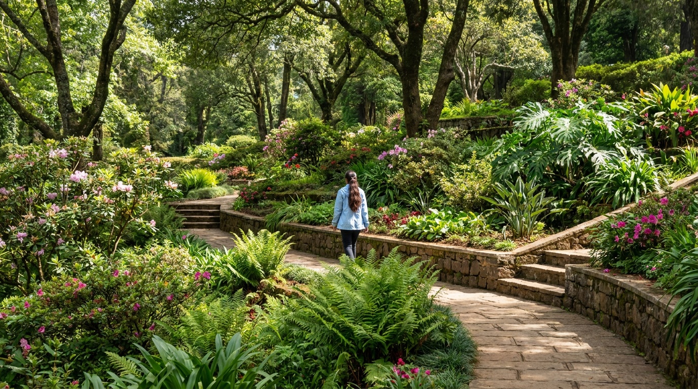 A traveler walking a stone path through lush plants in Sim's Park, Coonoor
