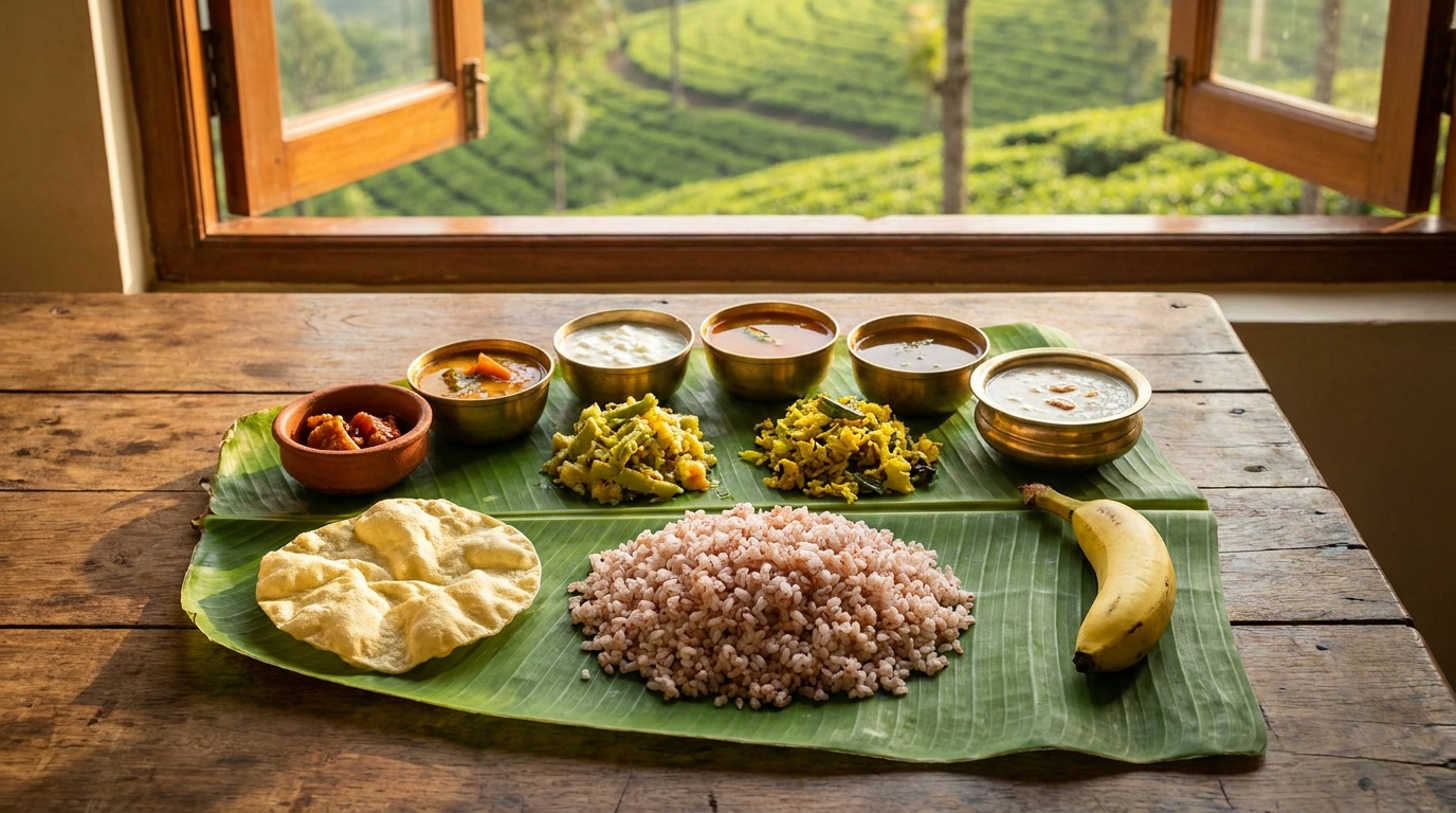 Traditional South Indian thali served on a banana leaf
