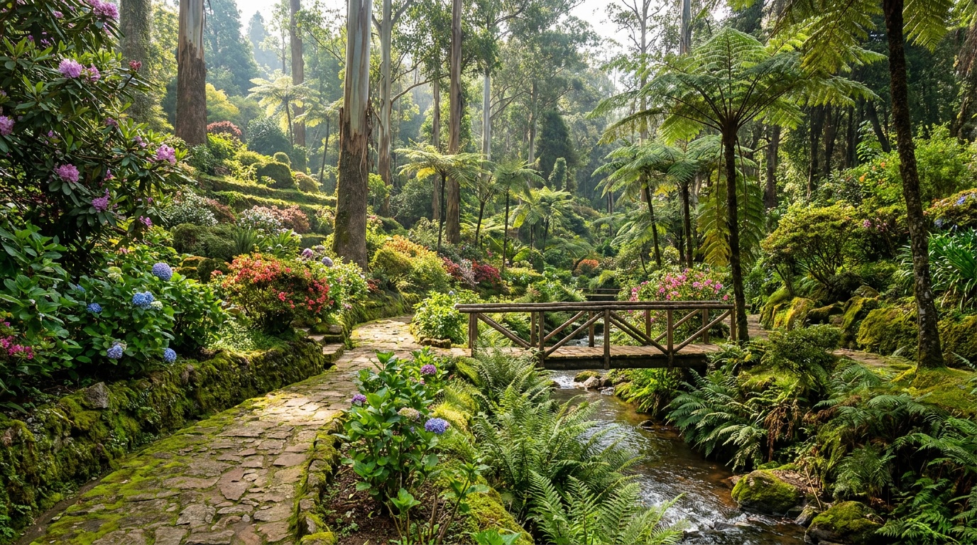 Terraced paths and exotic plants inside Sim's Park botanical garden, Coonoor