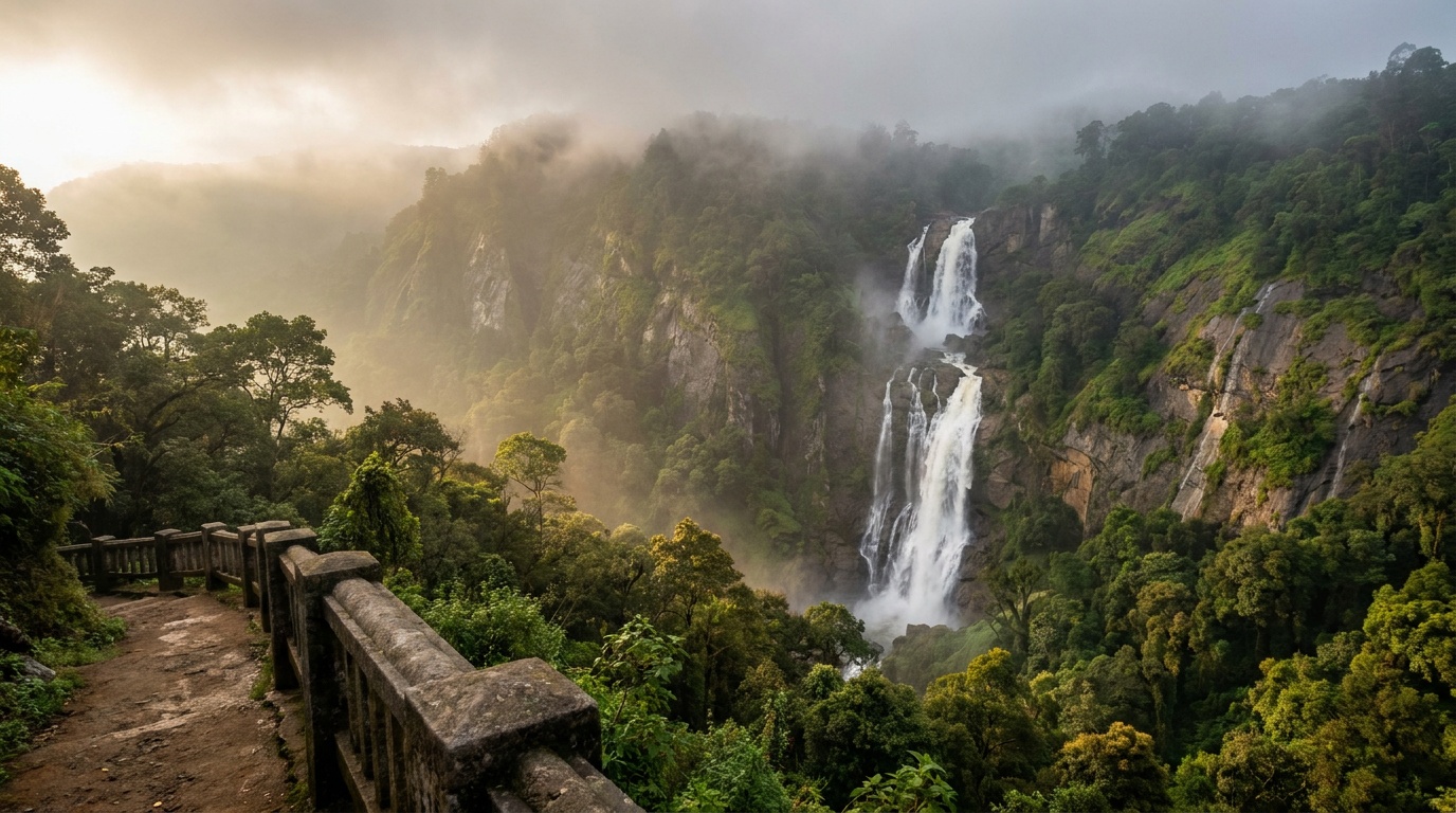 Catherine Falls cascading down a steep green cliff in the Nilgiris