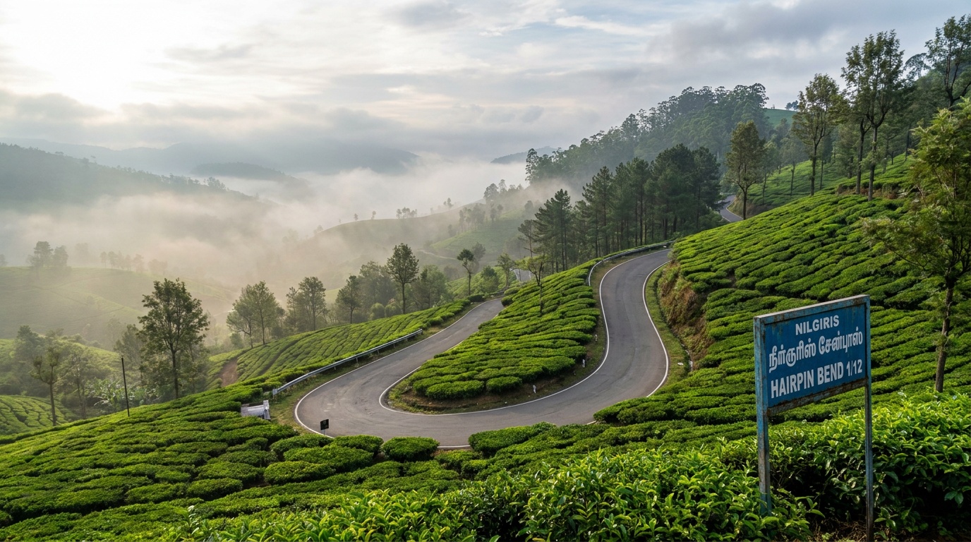 Scenic winding mountain road with hairpin bends descending through tea plantations
