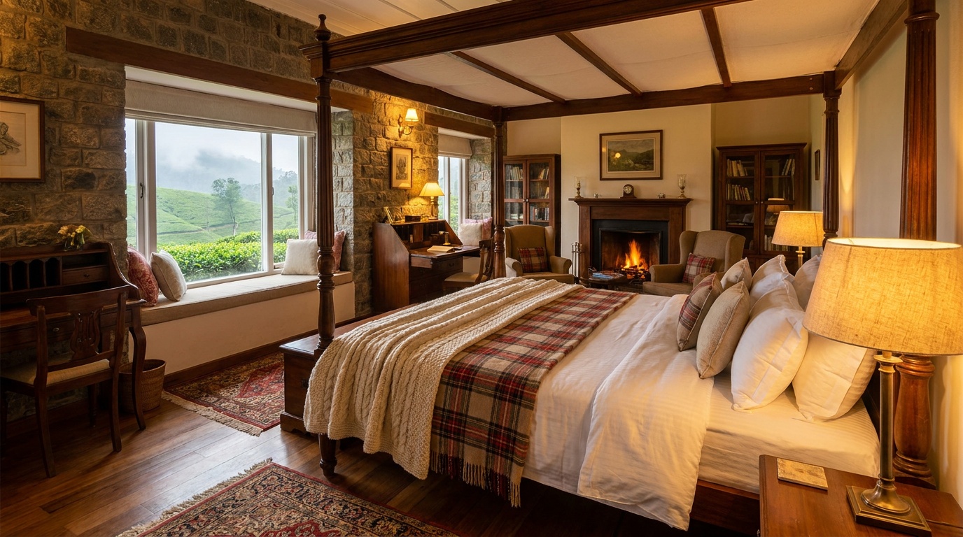 Cozy heritage homestay bedroom with a window overlooking green tea gardens