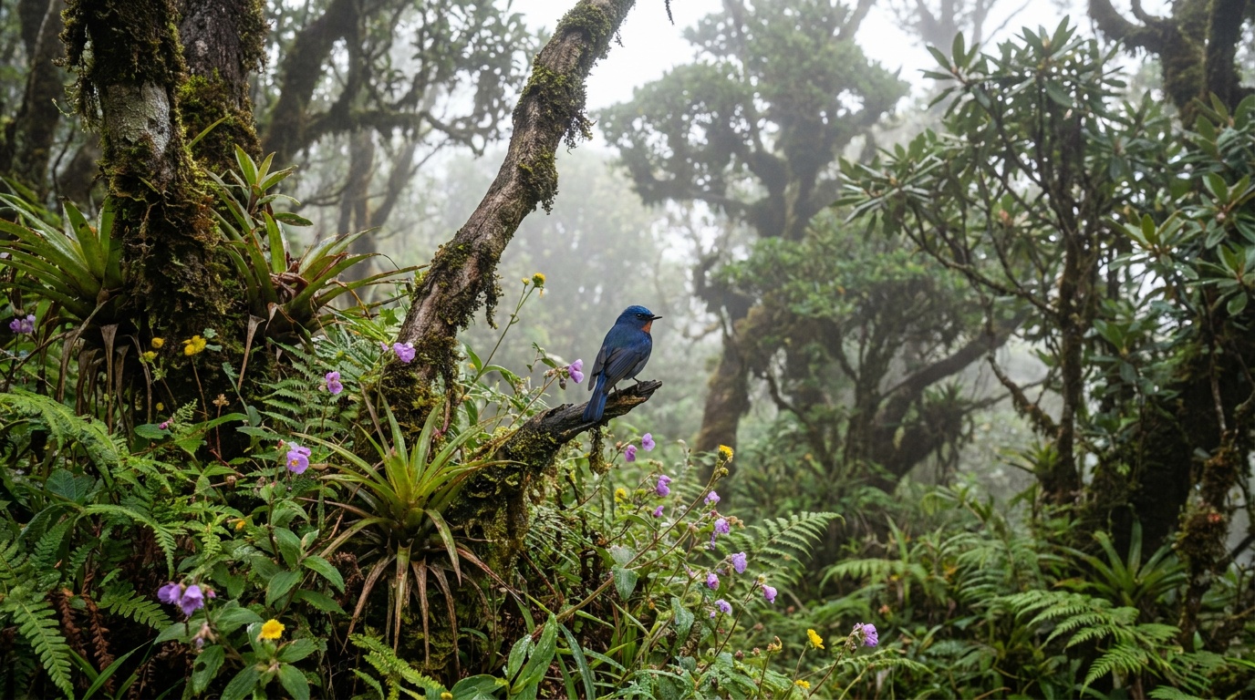 Blue Nilgiri flycatcher perched on a mossy branch in a misty shola forest
